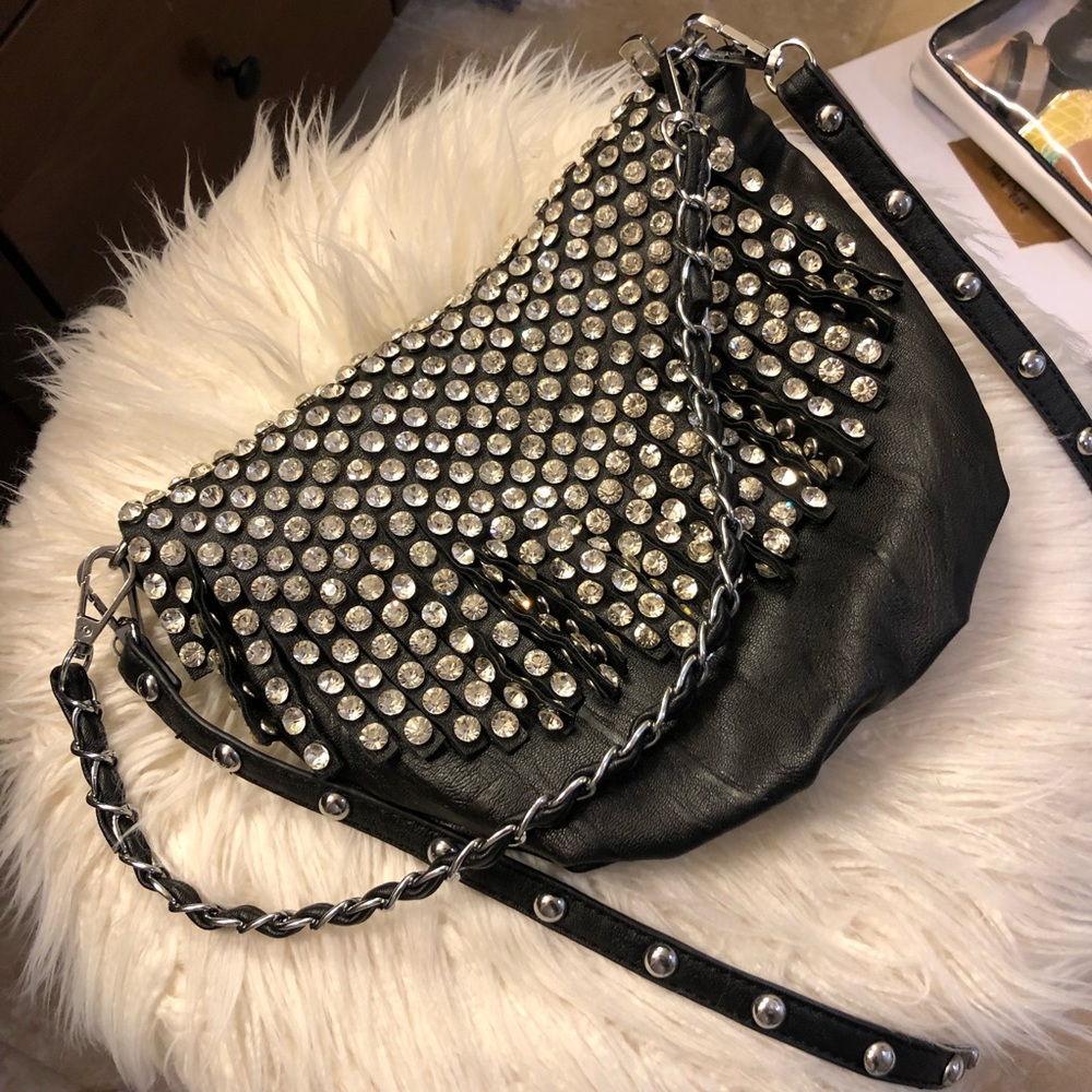 Fringe and rhinestone faux leather crossbody